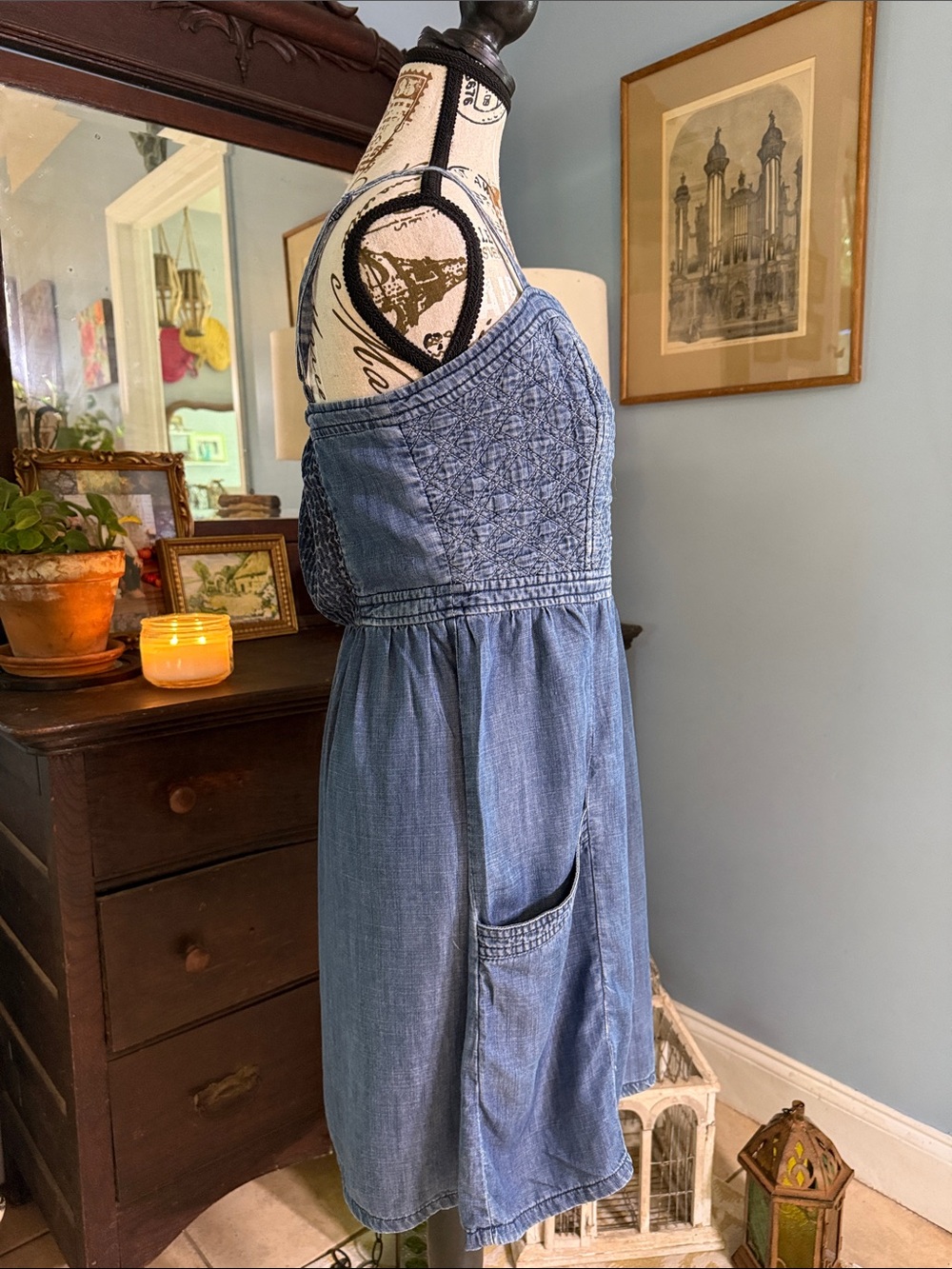 American Eagle Outfitters Chambray Blue Smocked Pocket Sundress - Picture 6 of 14